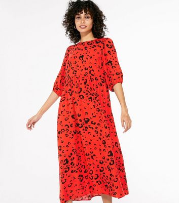 Red Leopard Print Smock Midi Dress ...